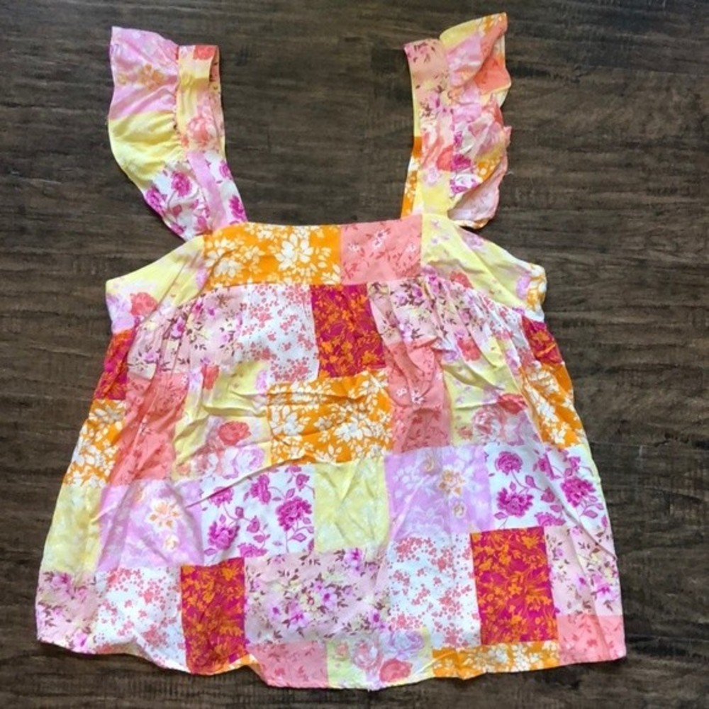 ANDREE Orange Pink Yellow Patchwork Top Size Small
